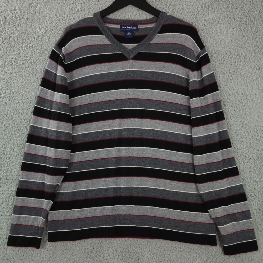 Paul Fredrick Sweater Mens Large‎ Gray Red Striped V Neck Extra Fine Merino Wool